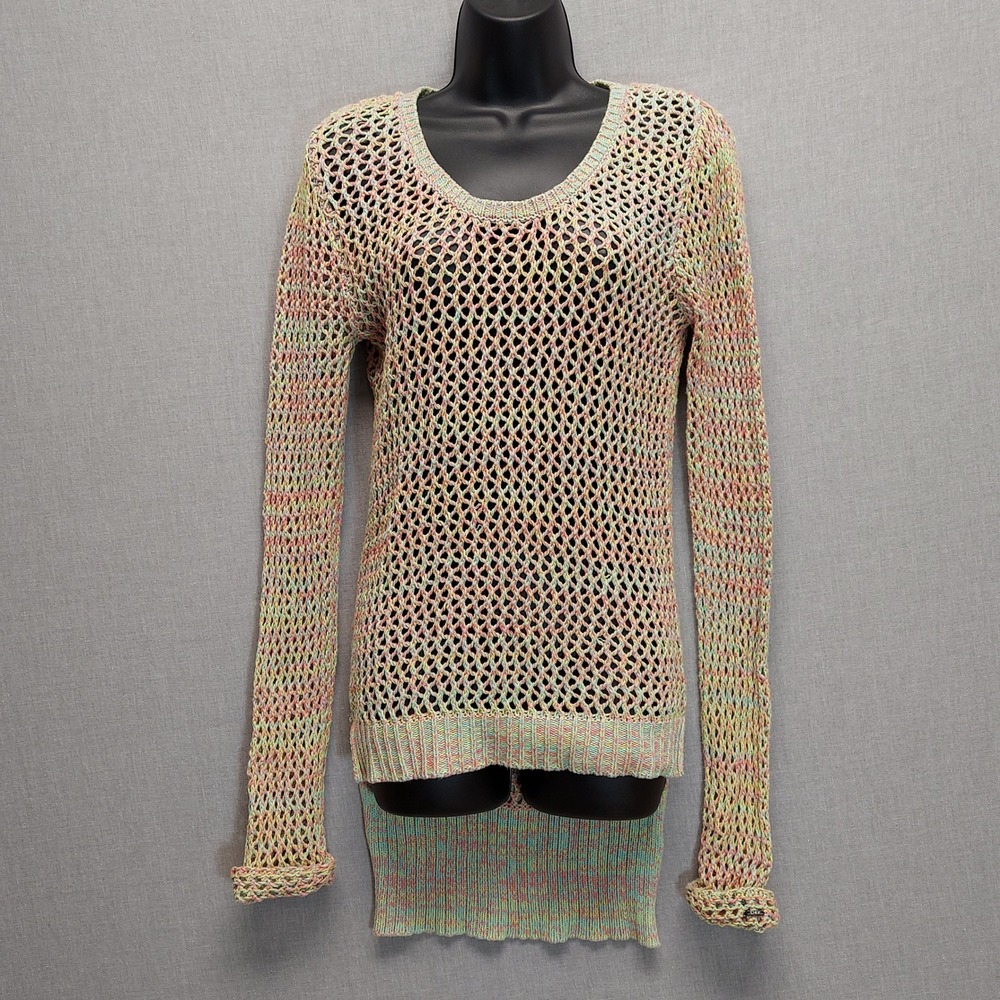 Womens XS Pastel Multicolor‎ Space Dye Open Knit Crochet Sweater Beach High Low